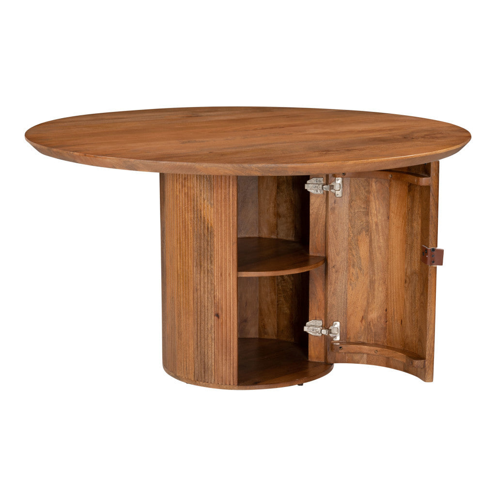 56" Brown Solid Wood Ribbed Texture Pedestal Base Round Dining Table