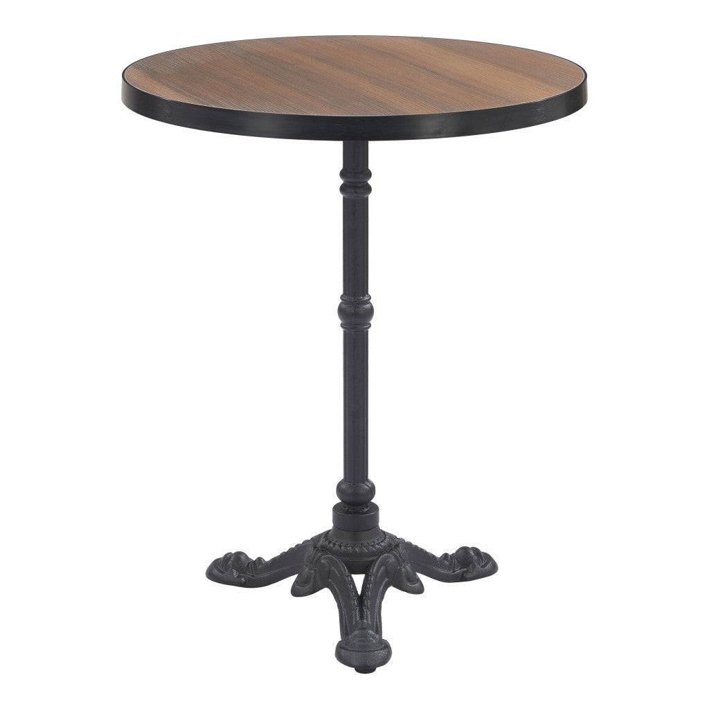 24" Walnut and Black Wood And Aluminum Pedestal Base Round Top Dining Table