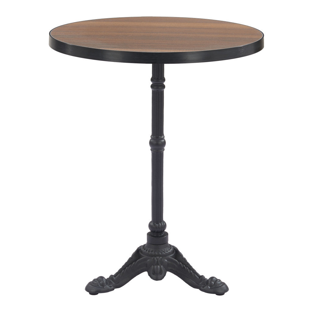 24" Walnut and Black Wood And Aluminum Pedestal Base Round Top Dining Table