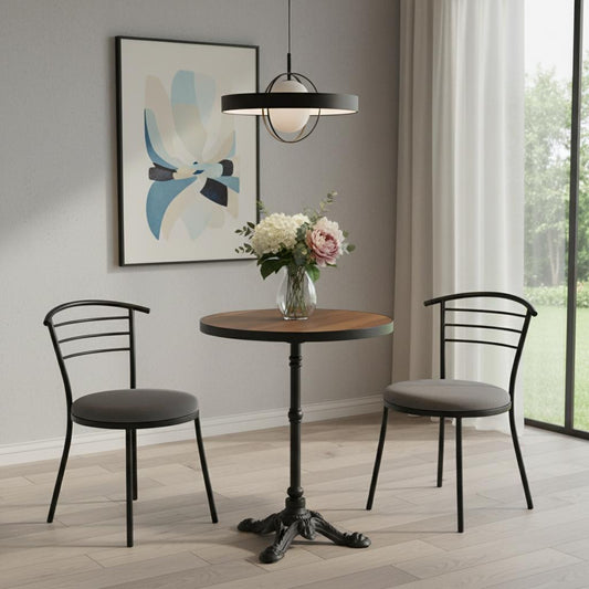 24" Walnut and Black Wood And Aluminum Pedestal Base Round Top Dining Table