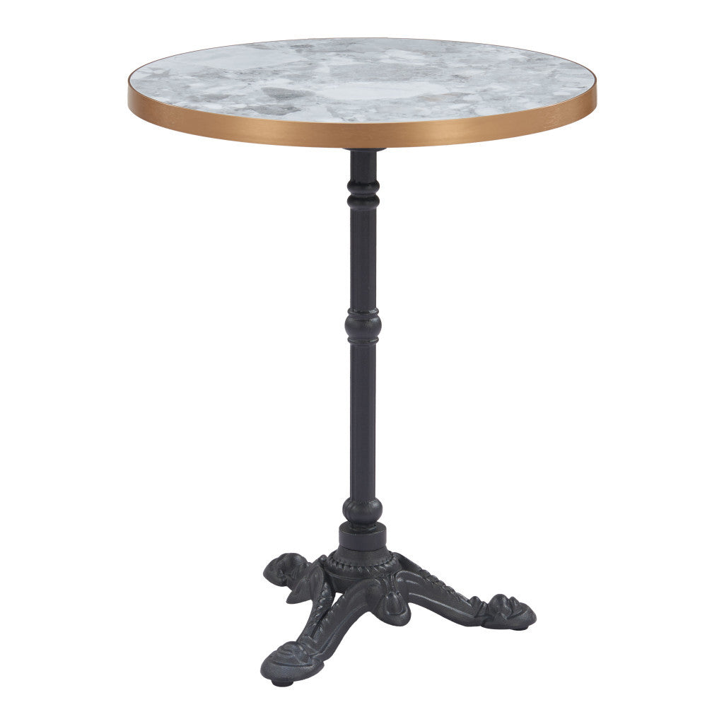 24" Gray White and Black Wood And Aluminum Pedestal Base Round Top Dining Table