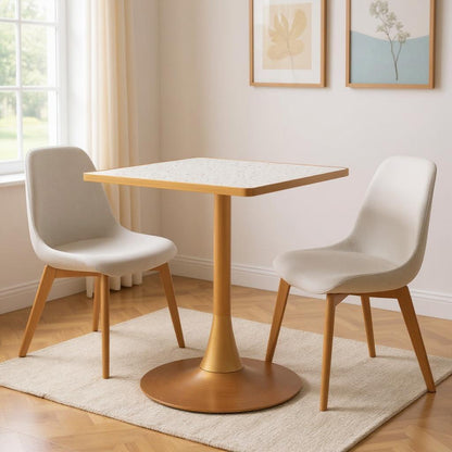 24" Beige and Gold Wood and Steel Pedestal Base Square Dining Table