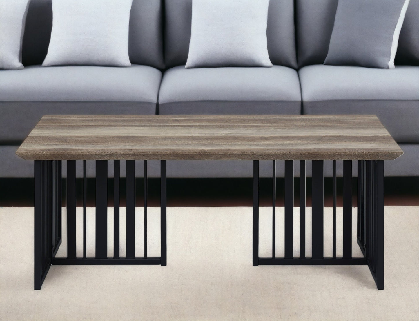 47" Oak and Black Wood And Metal Distressed Frame Coffee Table