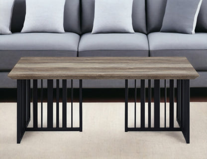 47" Oak and Black Wood And Metal Distressed Frame Coffee Table