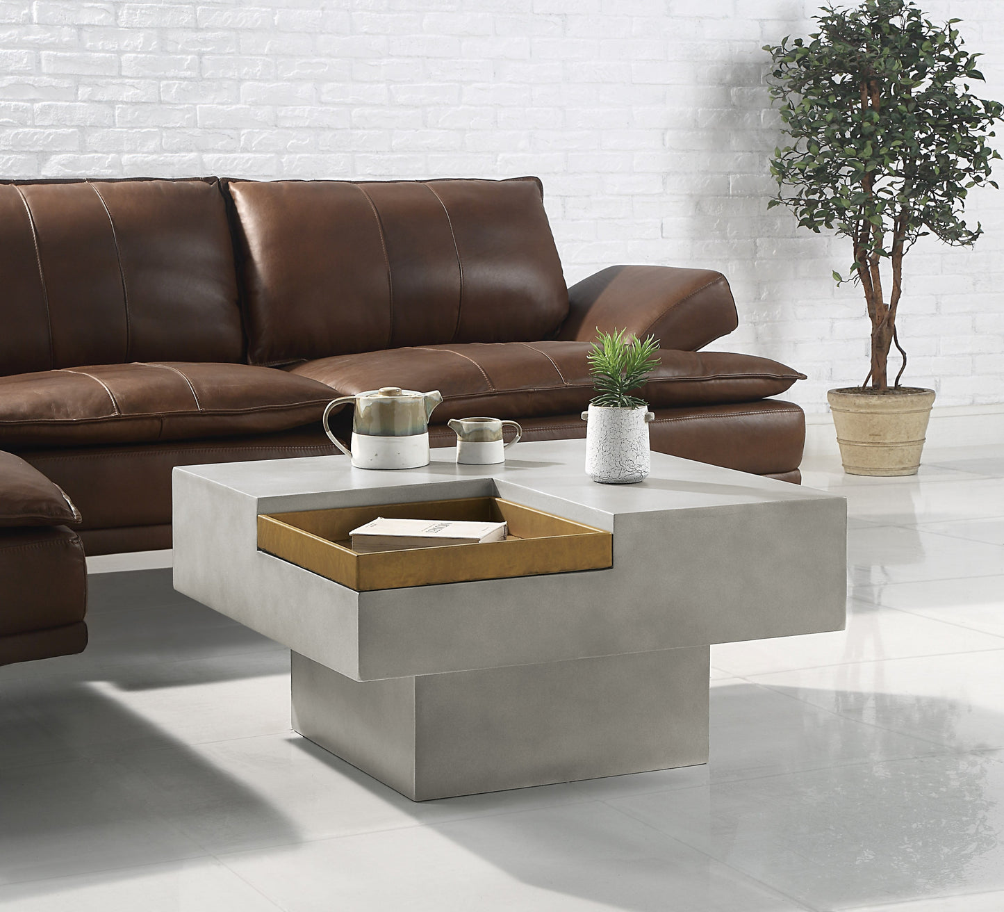 32" Gray Cement Square Distressed Pedestal Coffee Table