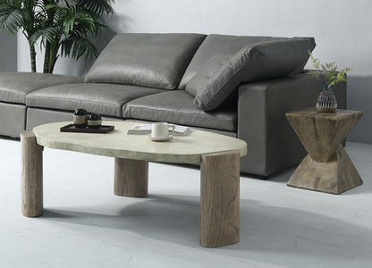 47" Beige and Oak Distressed Cement Oval Coffee Table