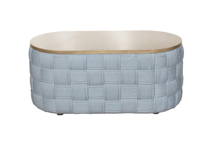 41" Natural and Blue Wood And Woven Fabric Oval Coffee Table