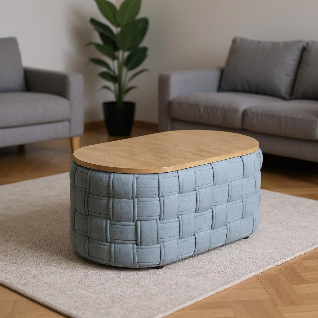 41" Natural and Blue Wood And Woven Fabric Oval Coffee Table
