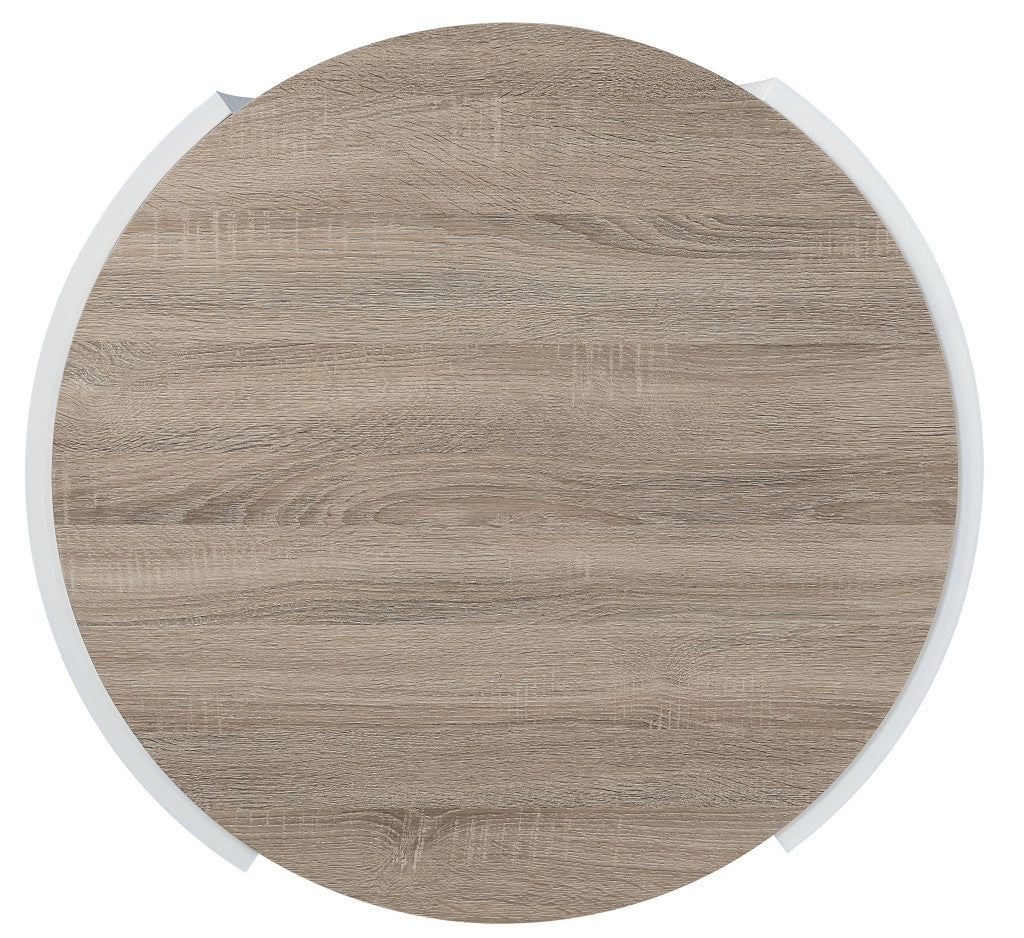 33" Oak and White Wood Round Partial Frame Coffee Table