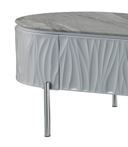 47" Gray Wood and Steel Oval Coffee Table With Drawer