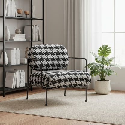 29" Black And White And Black Upholstered Houndstooth Arm Chair