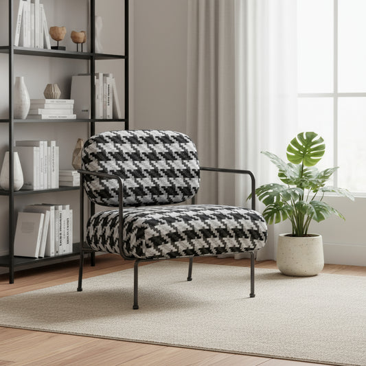 29" Black And White And Black Upholstered Houndstooth Arm Chair