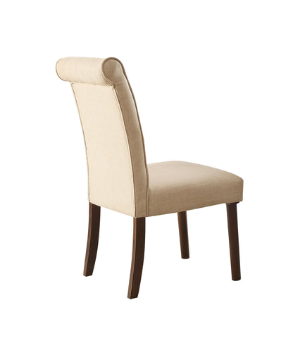 Set of Two Tufted Beige and Brown Upholstered Linen And Solid Wood Dining Side Chairs