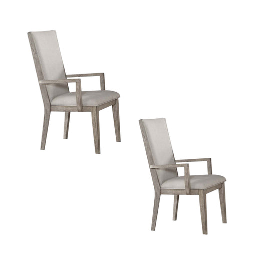 Set of Two Gray Fabric And Solid Wood Dining Arm Chairs