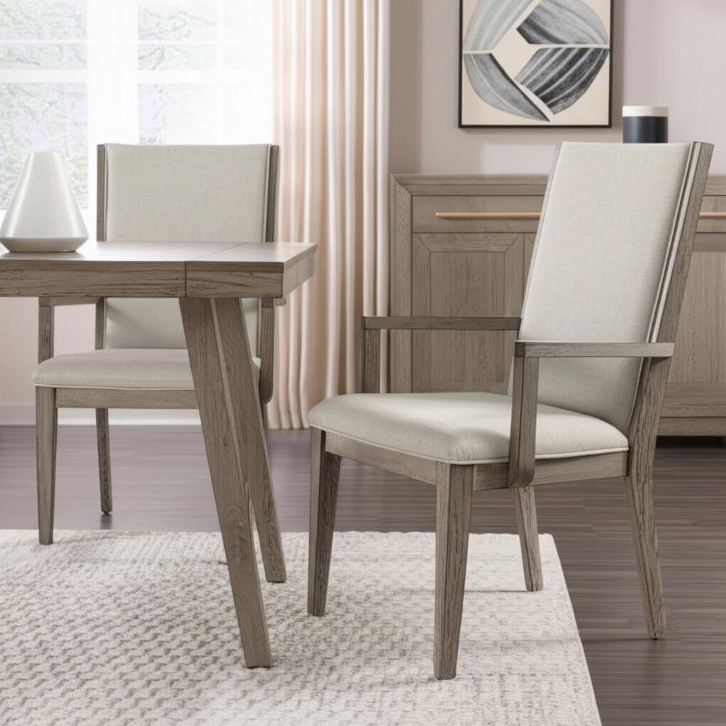 Set of Two Gray Fabric And Solid Wood Dining Arm Chairs
