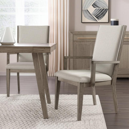 Set of Two Gray Fabric And Solid Wood Dining Arm Chairs