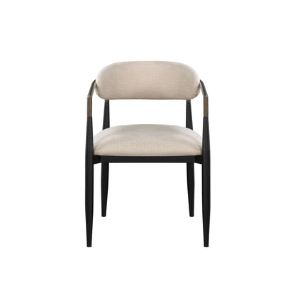 Set of Two Beige And Black Upholstered Fabric Open Back Dining Arm Chairs