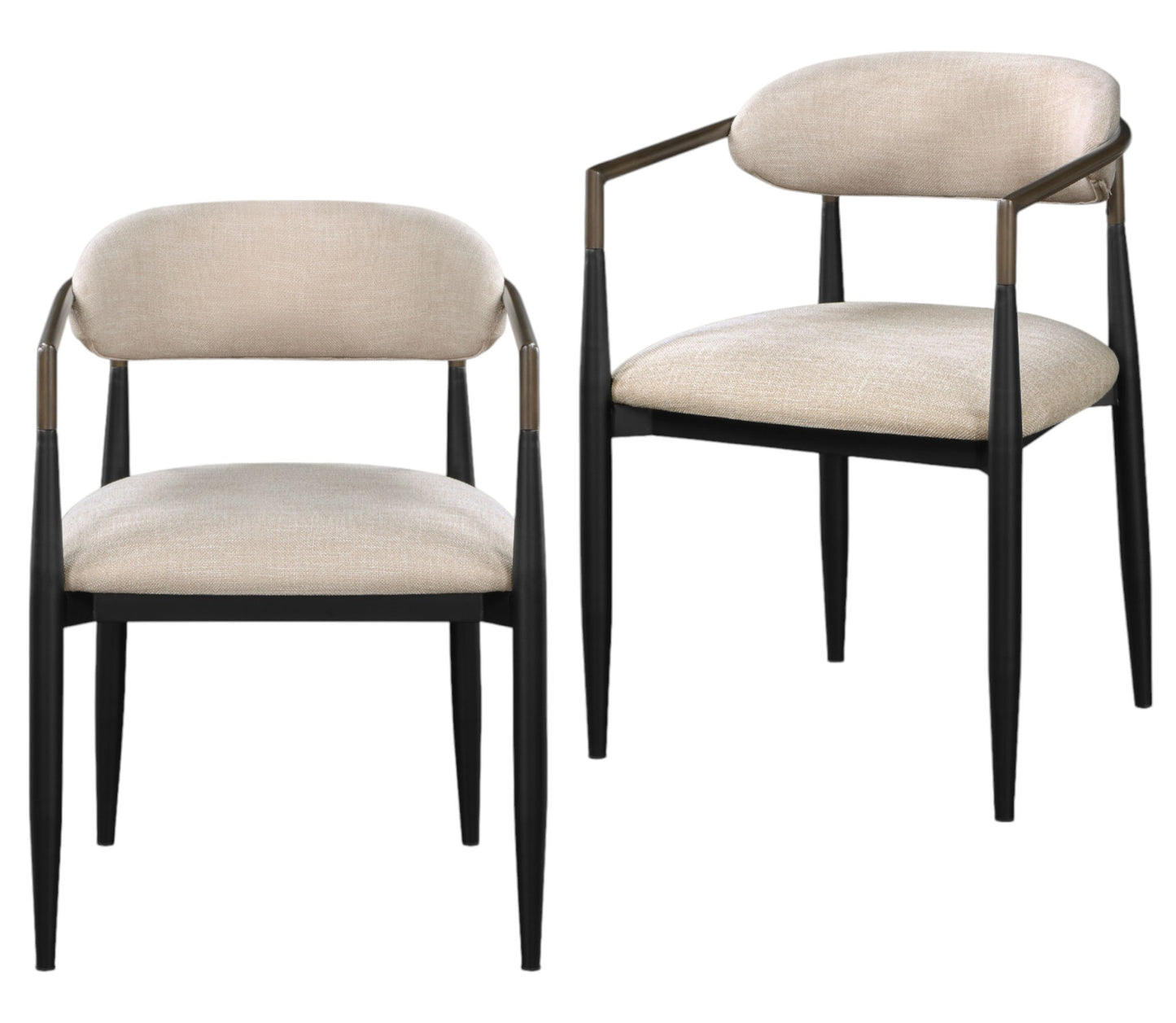 Set of Two Beige And Black Upholstered Fabric Open Back Dining Arm Chairs