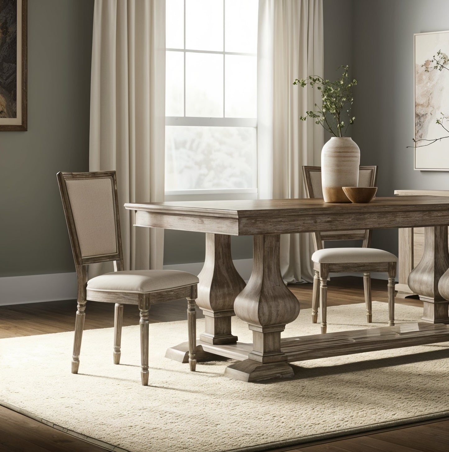 Set of Two Gray Upholstered Fabric And Solid Wood Dining Side Chairs
