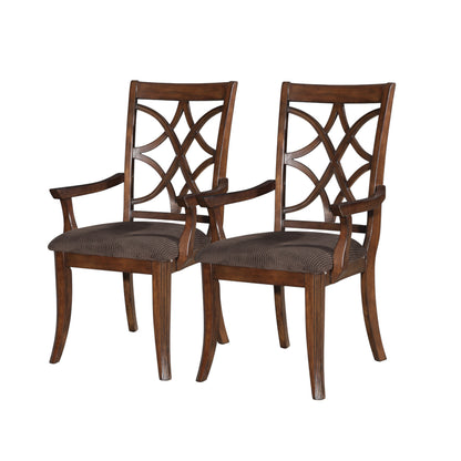 Set of Two Brown Upholstered Microfiber And Solid Wood Open Back Dining Arm Chairs