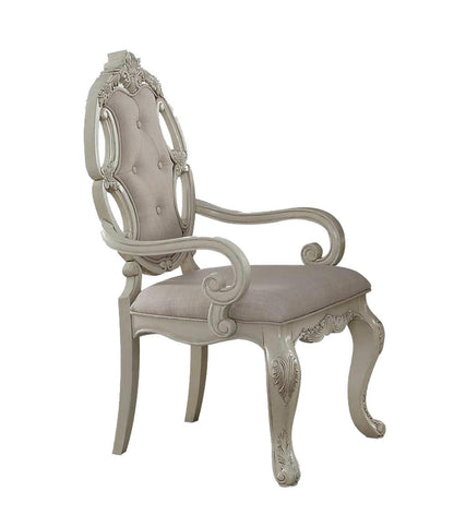Set of Two Gray and Antiqued White Tufted Fabric and Solid Wood Dining Arm Chairs