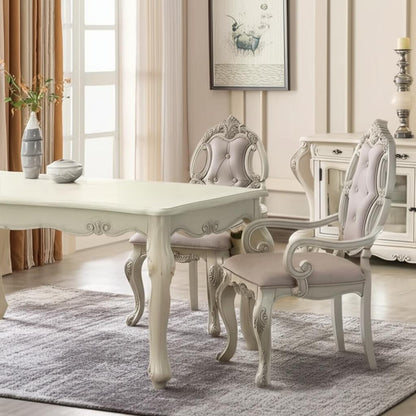 Set of Two Gray and Antiqued White Tufted Fabric and Solid Wood Dining Arm Chairs