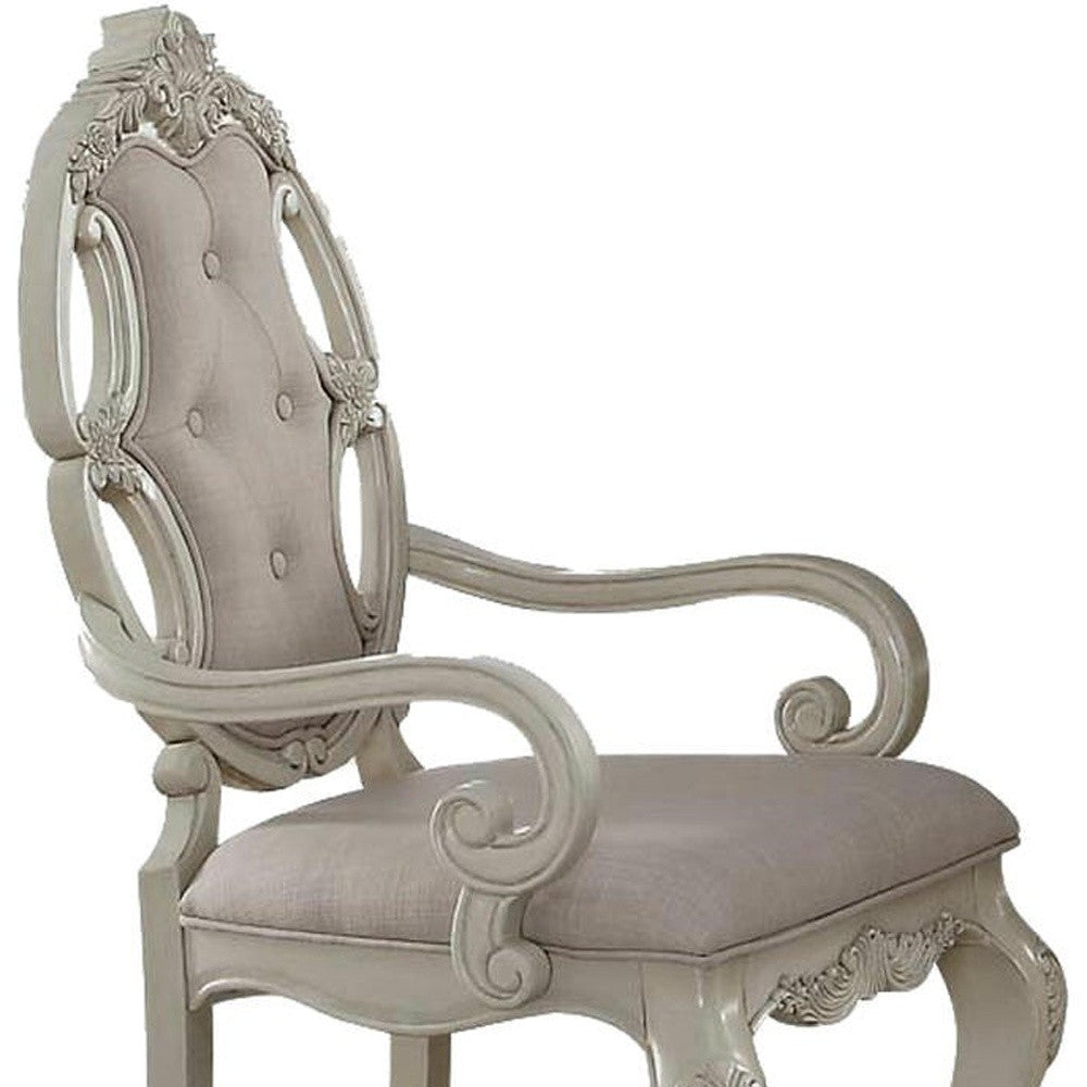 Set of Two Gray and Antiqued White Tufted Fabric and Solid Wood Dining Arm Chairs