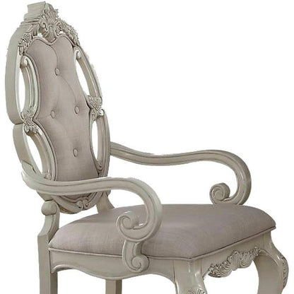 Set of Two Gray and Antiqued White Tufted Fabric and Solid Wood Dining Arm Chairs