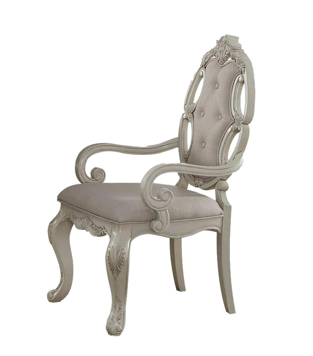 Set of Two Gray and Antiqued White Tufted Fabric and Solid Wood Dining Arm Chairs