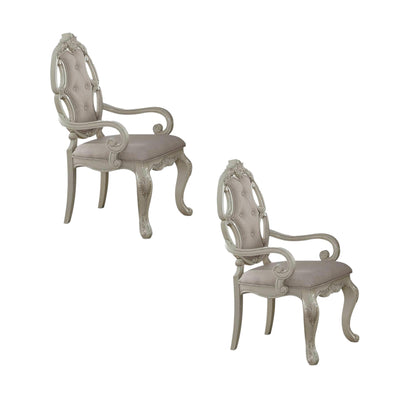 Set of Two Gray and Antiqued White Tufted Fabric and Solid Wood Dining Arm Chairs