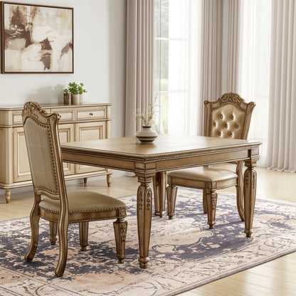 Set of Two Tufted Bone and Brass Upholstered Faux Leather And Wood Dining Side Chairs