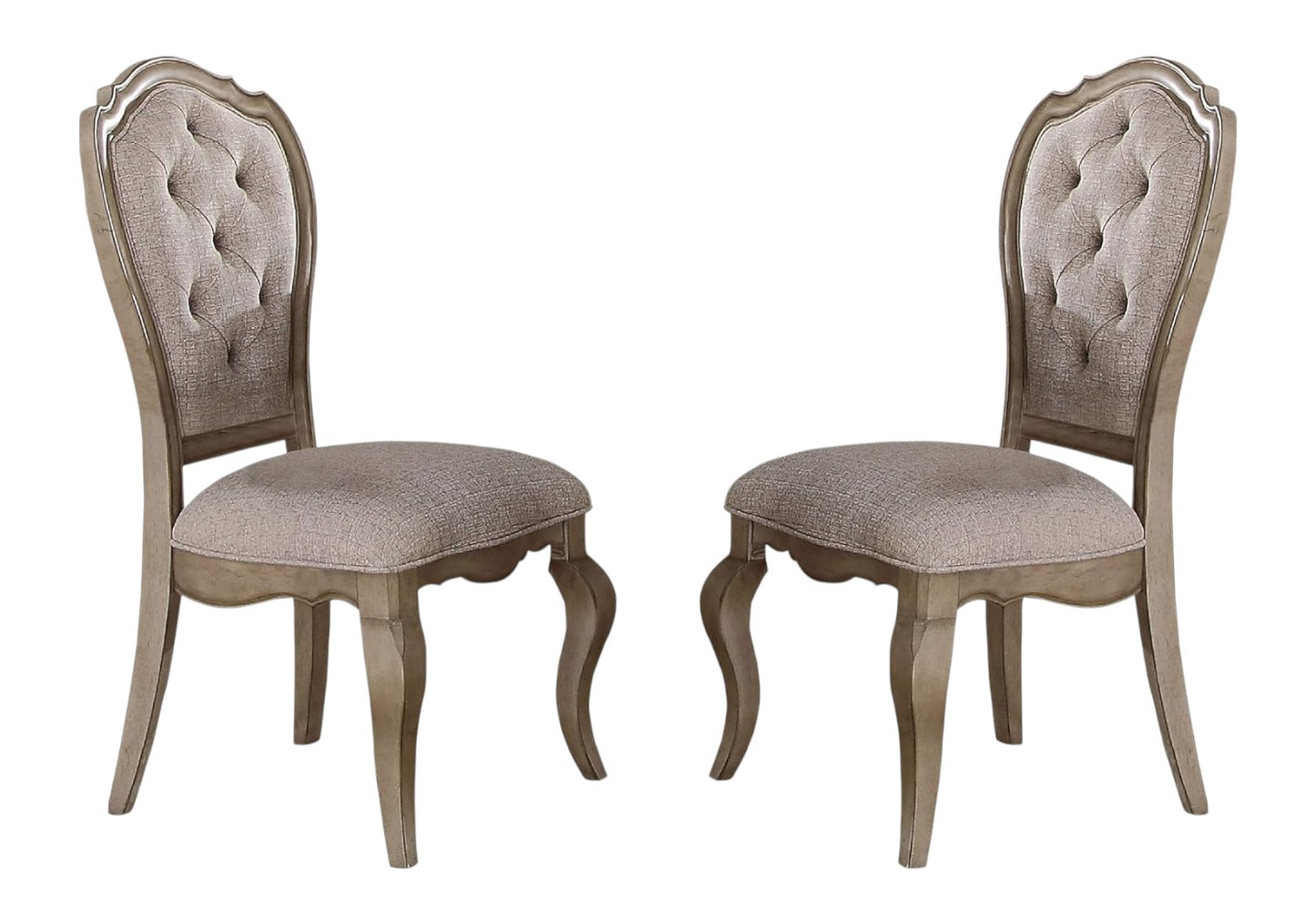 Set of Two Tufted Beige and Taupe Upholstered Fabric And Solid Wood Dining Side Chairs