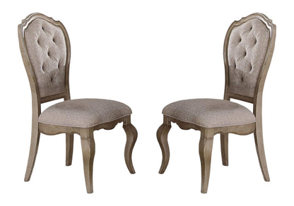 Set of Two Tufted Beige and Taupe Upholstered Fabric And Solid Wood Dining Side Chairs