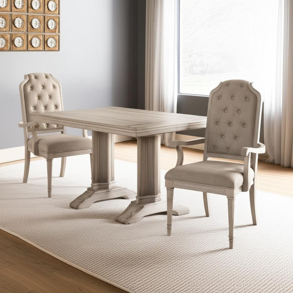Set of Two Tufted Antiqued White and Champagne Upholstered Fabric And Solid Wood Dining Arm Chairs