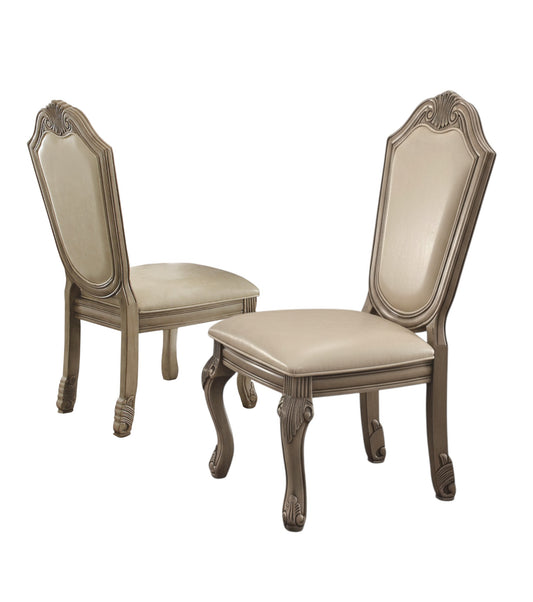 Set of Two Antiqued White Upholstered Faux Leather Dining Side Chairs