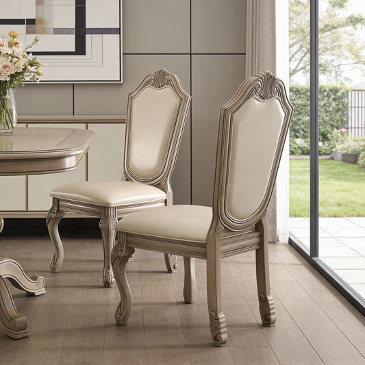 Set of Two Antiqued White Upholstered Faux Leather Dining Side Chairs