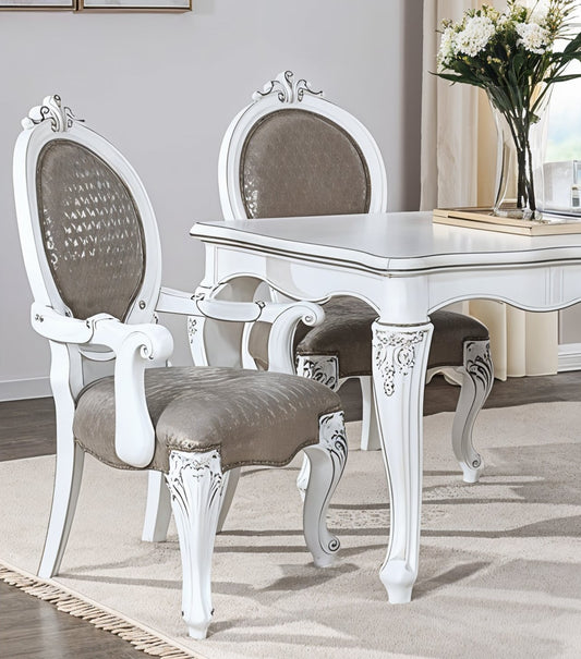Set of Two Gray and White Upholstered Faux Leather And Solid Wood King Louis Back Dining Arm Chairs