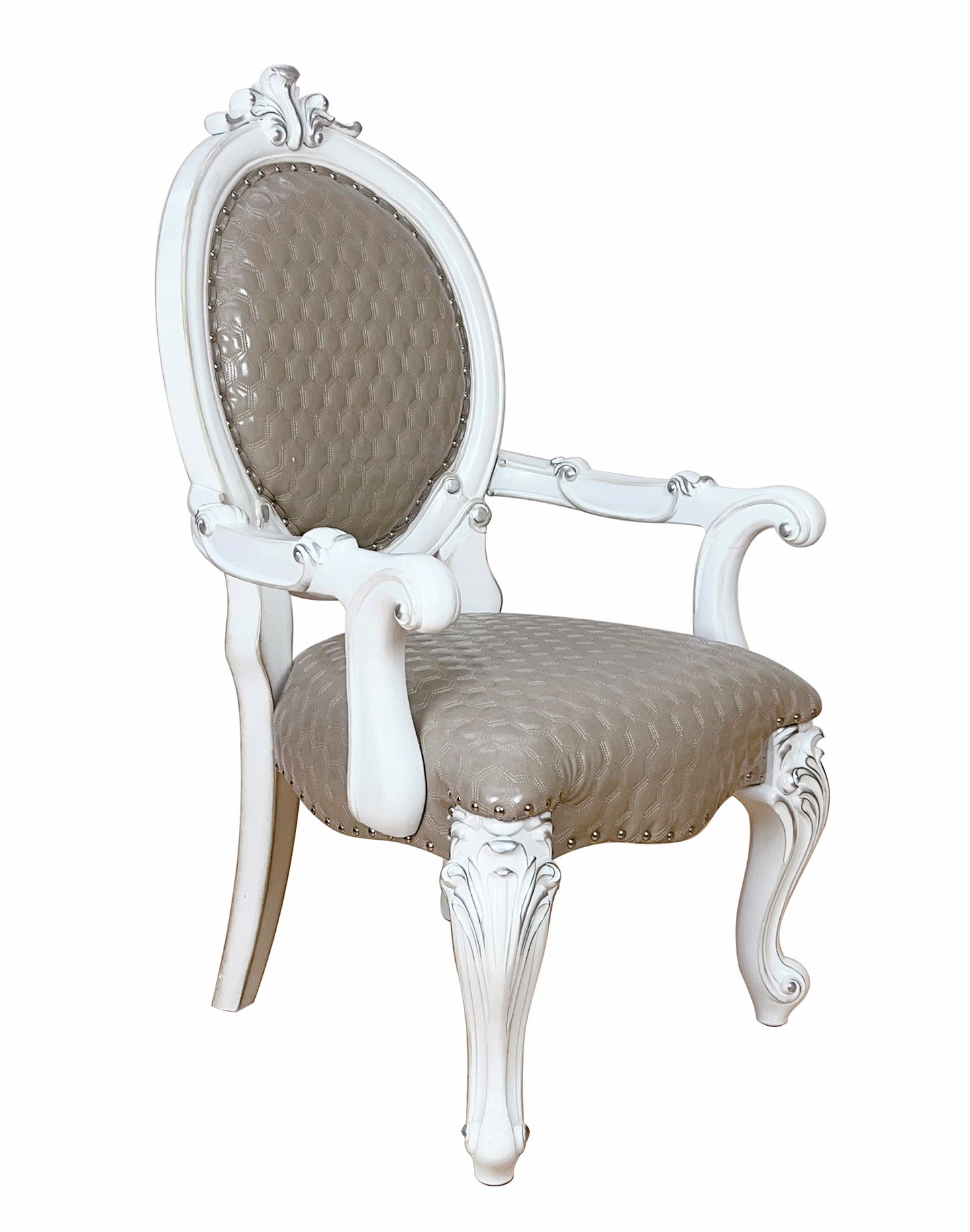 Set of Two Gray and White Upholstered Faux Leather And Solid Wood King Louis Back Dining Arm Chairs