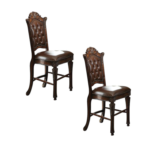 Set of Two 24" Brown Faux Leather and Solid Wood Counter Height Bar Chairs