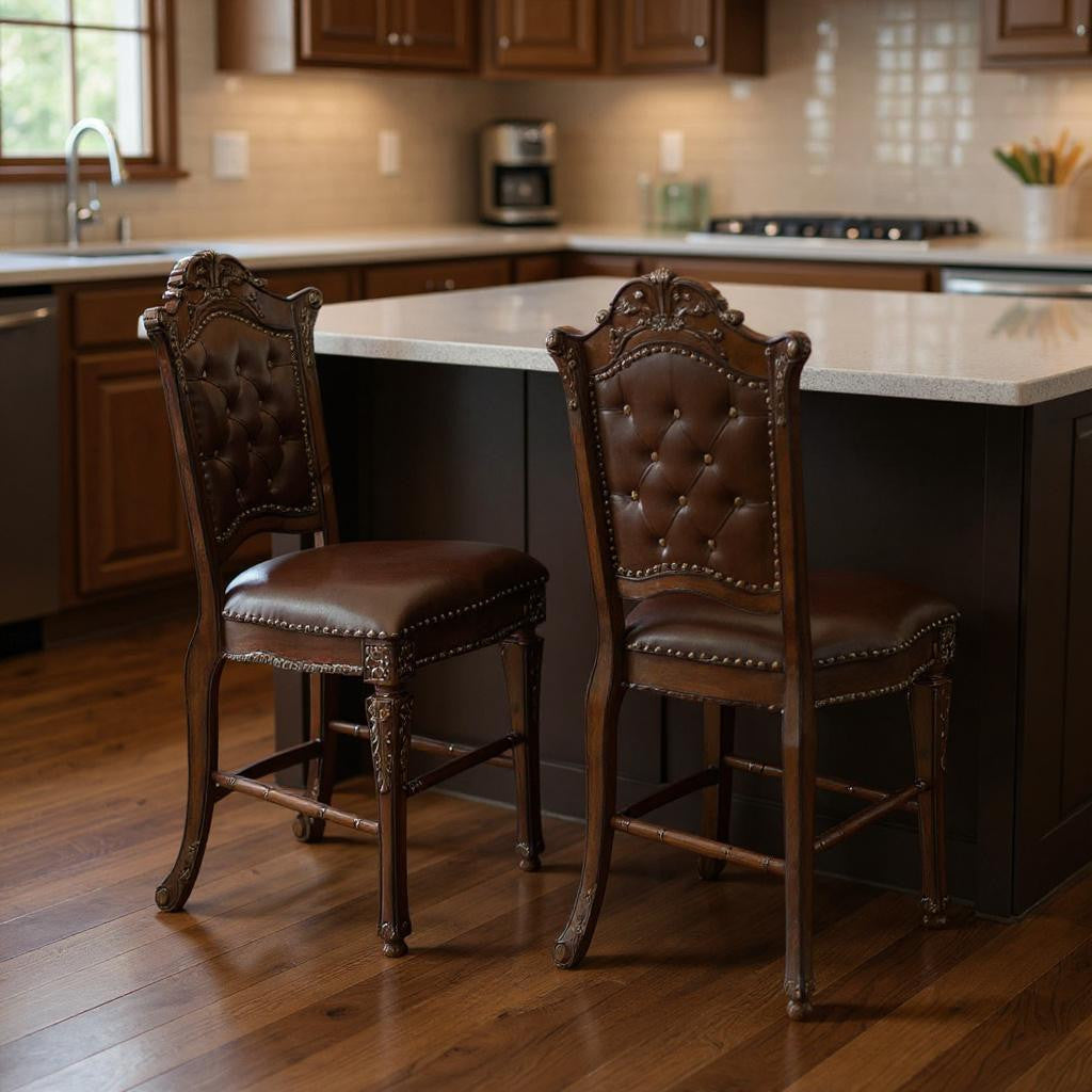Set of Two 24" Brown Faux Leather and Solid Wood Counter Height Bar Chairs