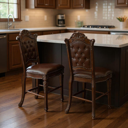 Set of Two 24" Brown Faux Leather and Solid Wood Counter Height Bar Chairs