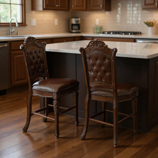 Set of Two 24" Brown Faux Leather and Solid Wood Counter Height Bar Chairs