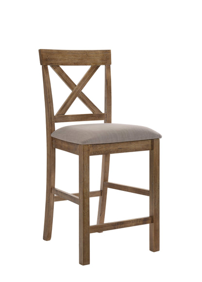 Set of Two 26" Tan and Oak Fabric Linen and Solid Wood Counter Height Bar Chairs