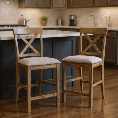 Set of Two 26" Tan and Oak Fabric Linen and Solid Wood Counter Height Bar Chairs