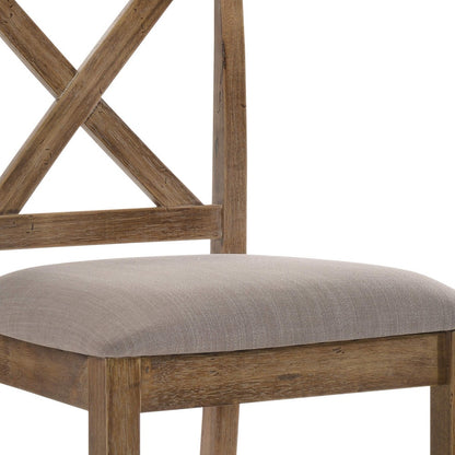 Set of Two 26" Tan and Oak Fabric Linen and Solid Wood Counter Height Bar Chairs