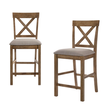 Set of Two 26" Tan and Oak Fabric Linen and Solid Wood Counter Height Bar Chairs