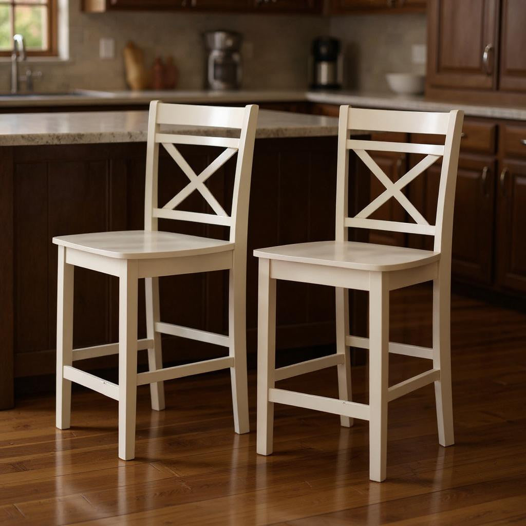 Set of Two 24" Cream Wood Counter Height Bar Chairs