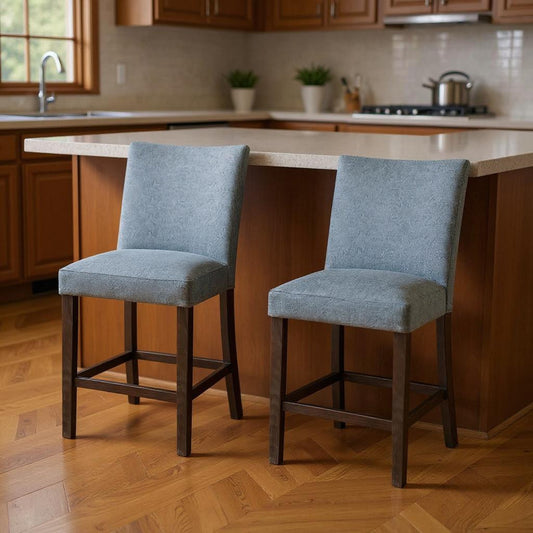 Set of Two 25" Gray and Espresso Fabric and Solid Wood Counter Height Bar Chairs