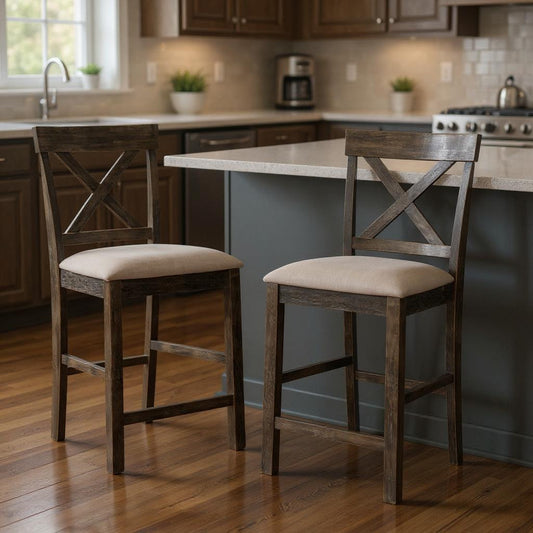 Set of Two 26" Tan and Gray Solid Wood and Linen Counter Height Bar Chairs