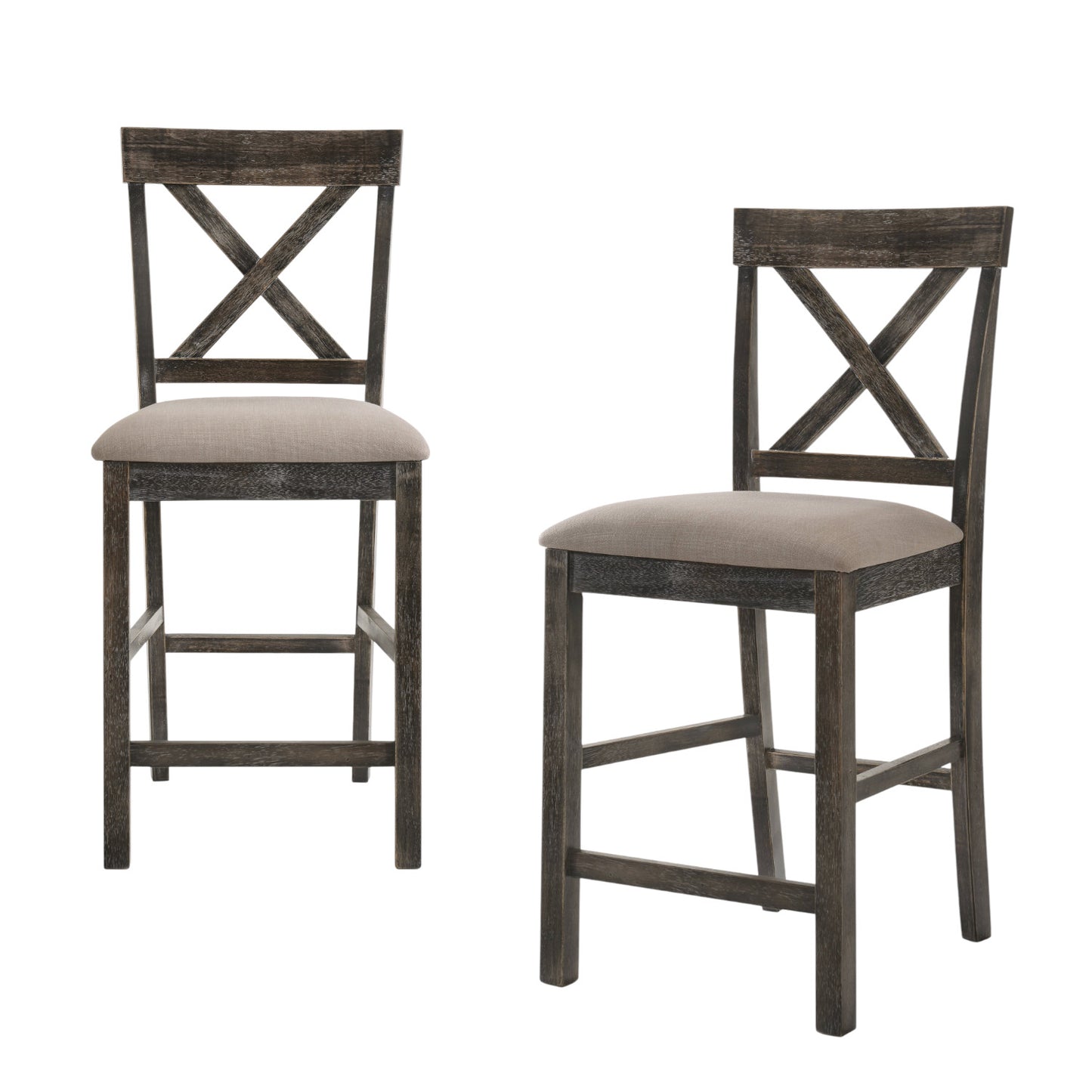 Set of Two 26" Tan and Gray Solid Wood and Linen Counter Height Bar Chairs